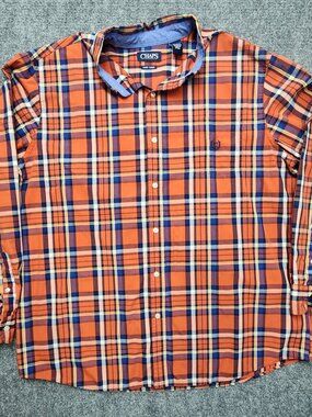 Chaps Mens XXL Shirt Plaid Long Sleeve Button Down Orange Blue Easy Care 2XL